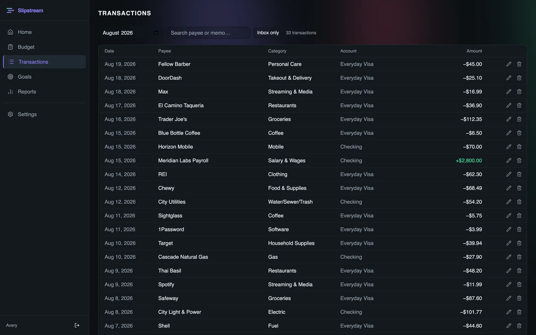 Transactions list for August with payees, categories, accounts and amounts